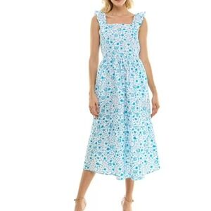 Draper James Blue White Floral Smocked Ruffle Strap Midi Dress Womens Medium NWT